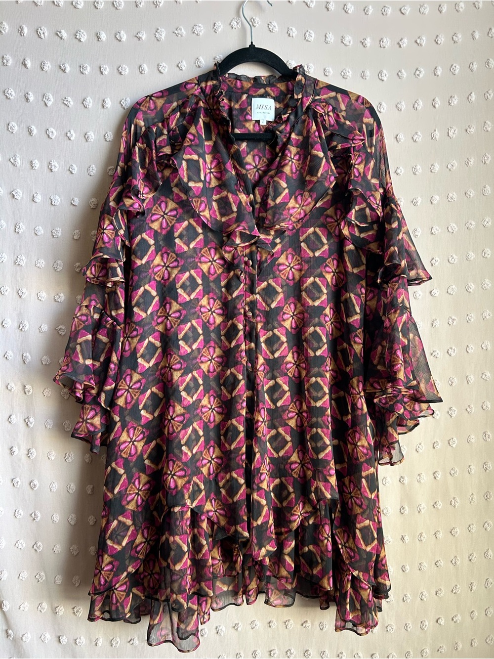 Misa Celeste Sheer Ruffle Detail‎ Knee Length Dress Sz L Black Pink